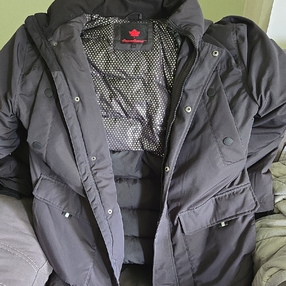 Canadiana Men’s Dark Grey Down Blend Hooded Winter Parka‎ Heavy Duty Coat L